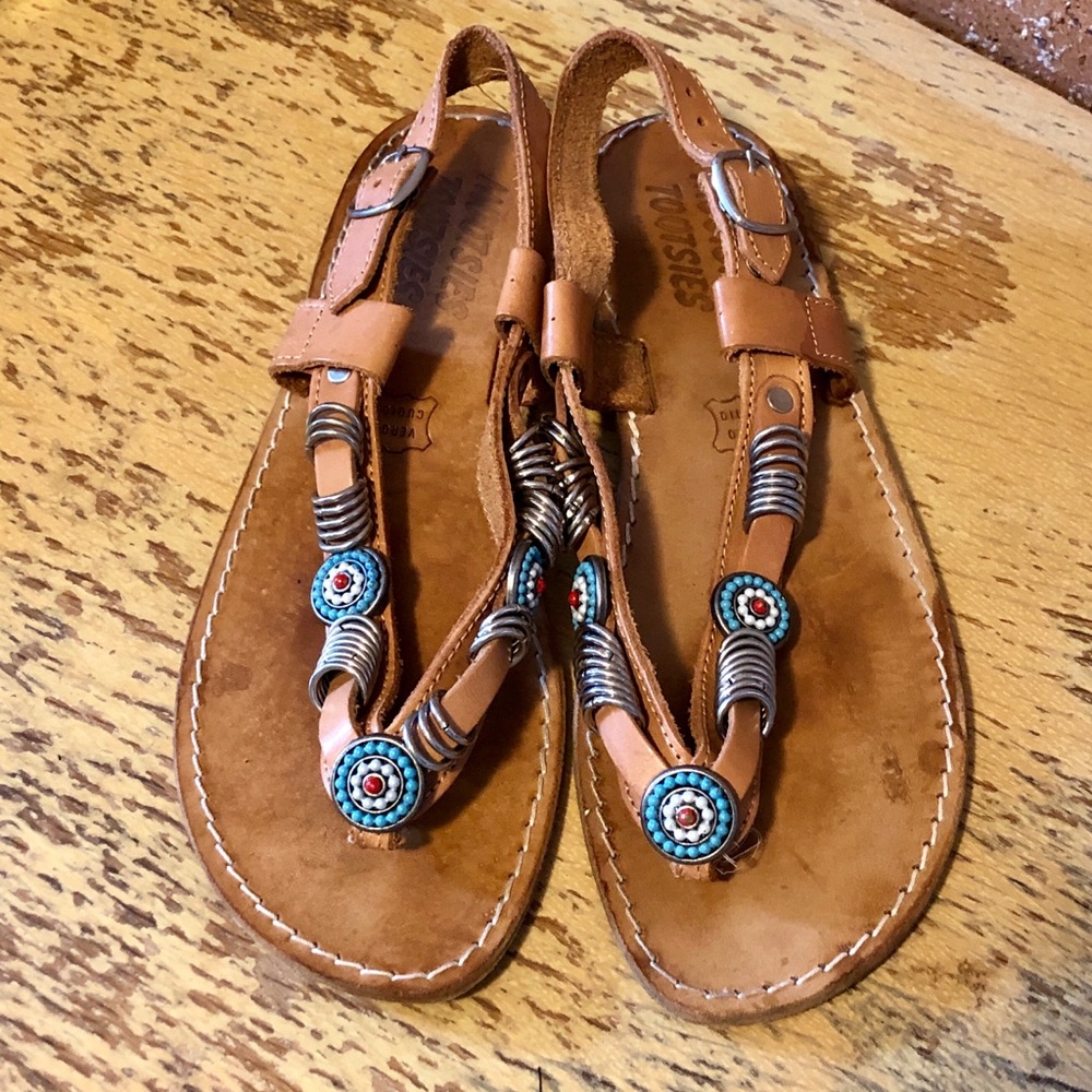 Vintage Italian leather southwestern beaded sandal